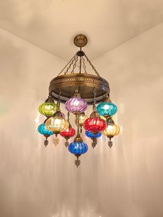 a colorful chandelier hanging from the ceiling