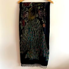 Absolutely Stunning Wrap With Hand Beaded Black Fringe. Peacock And Floral Velvet Print And Velvet Border. This Luxe Long Scarf Makes A Gorgeous Wrap Over A Lbd For Wedding, Special Occasion, Date Night. New Without Tags. Pristine Condition. Total Length Including Beading Approximately 76”. Black Bohemian Scarves For Festive Occasions, Black Bohemian Scarf For Festive Occasions, Black Silk Shawl With Traditional Drape, Black Silk Shawl Traditional Drape, Bohemian Black Pashmina Dupatta, Traditional Black Silk Scarves, Black Bohemian Pashmina Dupatta, Black Silk Bohemian Dupatta, Black Bohemian Shawl With Embroidered Border