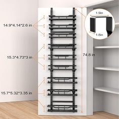 the wall mounted tv rack is next to an open bookcase with measurements for it