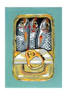 a painting of fish in a box with a pair of scissors