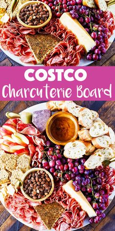 two plates with different types of food on them and the words costco charcuterie board