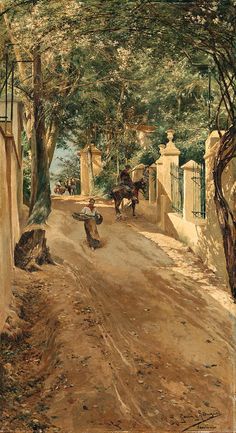 a painting of people riding horses down a dirt road