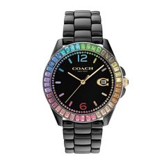 Boldly display your unique style with the eye-catching color of this ladies' Coach Greyson black ceramic watch with multi-color crystal accents. The black dial features gold-toned hands, a date display inside a signature "C" at 3 o'clock, and multi-color markers with matching crystals along the outer ring. 36.0mm black ceramic and stainless steel case with mineral crystal and multi-color baguette-cut crystals along the bezel Japanese quartz movement keeps accurate time. The black ceramic link br Beautiful Watches For Women, Coach Watch, Ceramic Watch, Watches For Women, Rainbow Crystal, Coloring Markers, Beautiful Watches, Black Ceramic, Black Watch