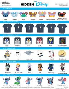 an info sheet with different cartoon characters and their names on the front, which includes t - shirts for each character