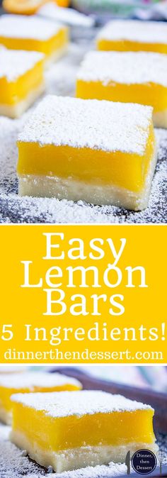 lemon bars with powdered sugar on top and the words easy lemon bars 5 ingredients