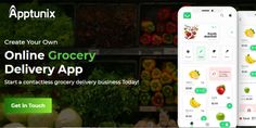 an app for grocery stores with fruits and vegetables on the screen, which is displayed in green