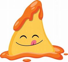 an orange piece of food with a smile on it's face and dripping sauce around it