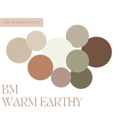 the bm warm earth logo is shown in brown, beige and white colors with an orange