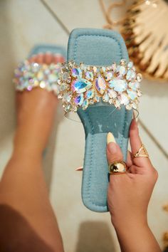 Embellished Sandals For Beach Party, Embellished Summer Beach Sandals, Embellished Sandals For Beach Season Parties, Summer Rhinestone Open Toe Flip Flops, Summer Open Toe Sandals With Rhinestones, Beach Sandals With Rhinestones And Flat Heel, Embellished Open Toe Flip Flops For Spring, Flat Heel Sandals With Rhinestones For Beach, Spring Rhinestone Synthetic Flip Flops