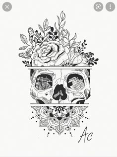 a black and white drawing of a skull with flowers