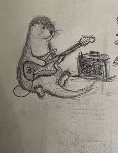 a drawing of a mouse playing the guitar next to a rat with a hamster on it's back