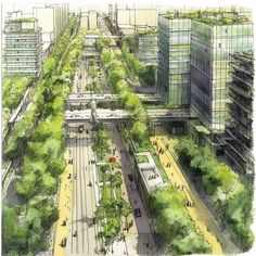 an artist's rendering of a city with lots of trees and people walking on the sidewalk