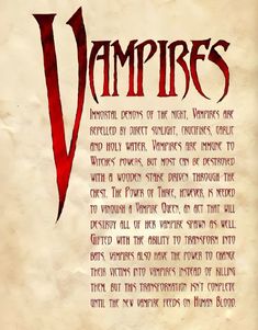 an old book with vampire's written in red on the pages and writing underneath it