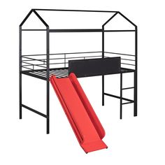 a black bunk bed with a red slide next to it and a house shaped roof