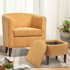 a yellow chair and ottoman in a living room with a basket on the floor next to it