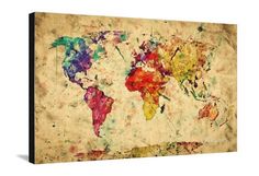 an old world map with paint splattered on the paper, showing different colors