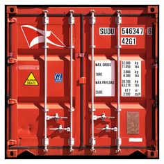 a red shipping container with some stickers on it's side and pipes attached to the side