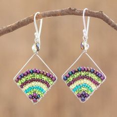 a pair of colorful earrings hanging from a tree branch