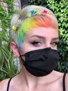 Vivid Hair Color Short Hair, Multicolor Short Hair, Two Tone Pixie Cut, Dyed Short Hair Pixie, Alternative Pixie Cut, Split Dye Pixie Cut, Pride Hair Color, Multicolor Hair Dye, Rainbow Pixie Hair