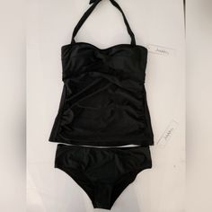 Nicole Miller Studio Black Two Piece Swimsuit/ Bathing Suit Womens Size Medium Elegant Black Tankini For Swimming, Black Lined Tankini For Swimming, Black Fitted Tankini For Party, Fitted Black Tankini For Party, Black Fitted Party Tankini, Elegant Fitted Black Tankini, Fitted Black Lined Tankini, Black Lined Tankini For Party, Elegant Black Stretch Swimwear