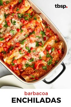 an enchiladas dish in a white casserole dish with text overlay