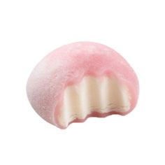 a close up of a doughnut with pink frosting on the top and bottom