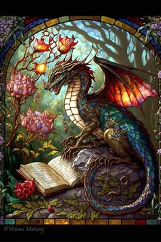 a stained glass window with a dragon sitting on top of a book in front of flowers