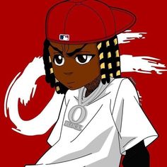 a drawing of a person wearing a red hat and white shirt with the letter o on it