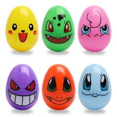 six different colored eggs with faces on them