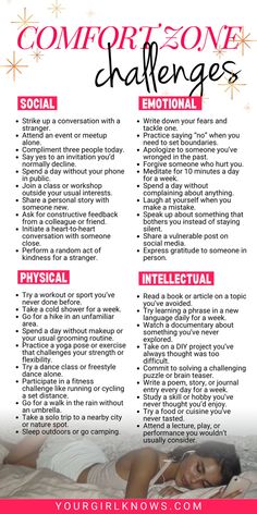 Staying cozy and safe has its perks, but honestly, growth doesn’t happen while you’re sipping your latte on the couch. It happens when you decide to try something new, even if it’s scary, awkward, or plain uncomfortable. Leave Comfort Zone, Comfort Zone Challenge, Challenge List, Challenge 30 Day, Out Of Comfort Zone, Out Of Your Comfort Zone, Build Confidence, Laugh At Yourself, Take Risks
