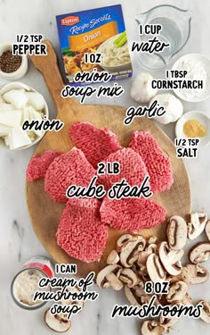 the ingredients to make mushroom soup on a wooden cutting board with text overlay that says,