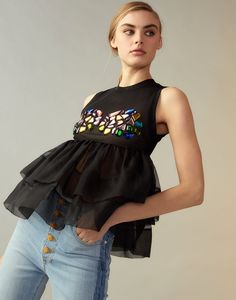 Jewel Cascade Peplum Top – Cynthia Rowley Dresses Diy, Rave Fits, Gem Top, Tulle Top, Organza Top, Organza Skirt, Upcycle Sewing, Patchwork Top, Skirt Fabric