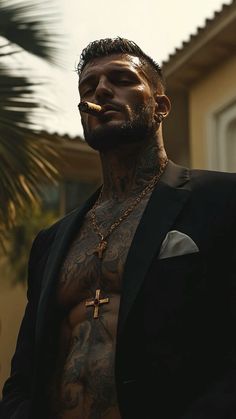 Tattooed Man In Suit, Mafia Male Aesthetic, Billionaire Man Aesthetic, Guan Yu Tattoo, Mens Haircut Long Hair, Braided Lines Hairstyles, Lines Hairstyles, Model Posture, Male Instagram