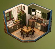 an overhead view of a small kitchen and dining room in a cutout from the house