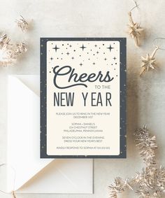 a new year's eve party card with the words cheers to the new year on it