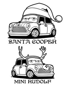 two cartoon cars with santa's hats on them