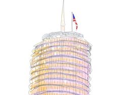 a drawing of a tall building with an american flag on top