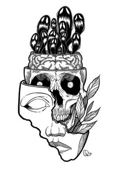 a drawing of a human head with plants growing out of it's top half