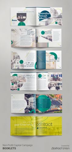 an open brochure with green and yellow accents