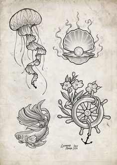 an old book with drawings of sea creatures and marine animals on it's pages