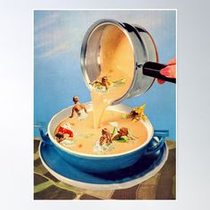 an advertisement for soup is being poured into a bowl with figurines on it