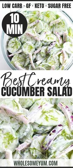 a bowl filled with lettuce salad next to the words best creamy cucumber salad