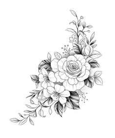 a black and white drawing of flowers with leaves on the bottom half of their petals