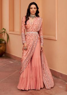 Chhavvi Aggarwal-Peach Sharara Sari Set-INDIASPOPUP.COM Sharara Saree Fashion Styles, Latest Ethnic Dresses Indian 2024, Sharara Kurti Designs Latest, Latest Wedding Outfits For Women, Latest Sharara Designs Party Wear, Sharara With Blouse, Sharara Designs Party Wear, Fusion Wear Indian, Palazzo Saree