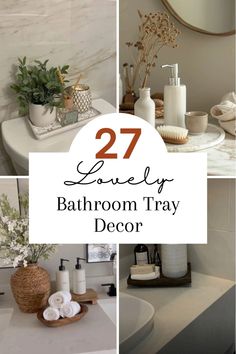 bathroom trays with towels, soaps and other items on the counter in front of them