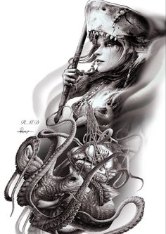 a drawing of a woman holding a baseball bat with an octopus and snake on it