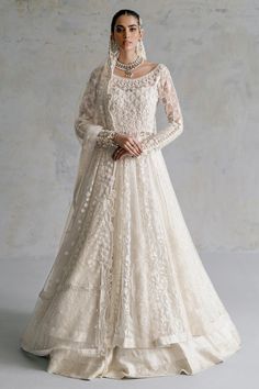 Nikkah Dress in Pishwas Frock and White Lehenga Style White Nikkah Dress, Ammara Khan, White Lehenga, Bridal Dupatta