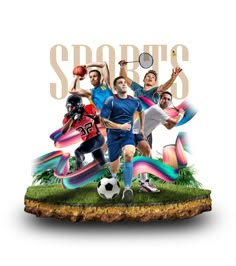 a group of men playing soccer on top of a grass covered field with words sports