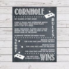 a chalkboard sign with instructions on how to play the cornhole and win tickets