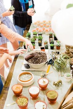 a group of people standing around a table filled with plants and spices, preparing food